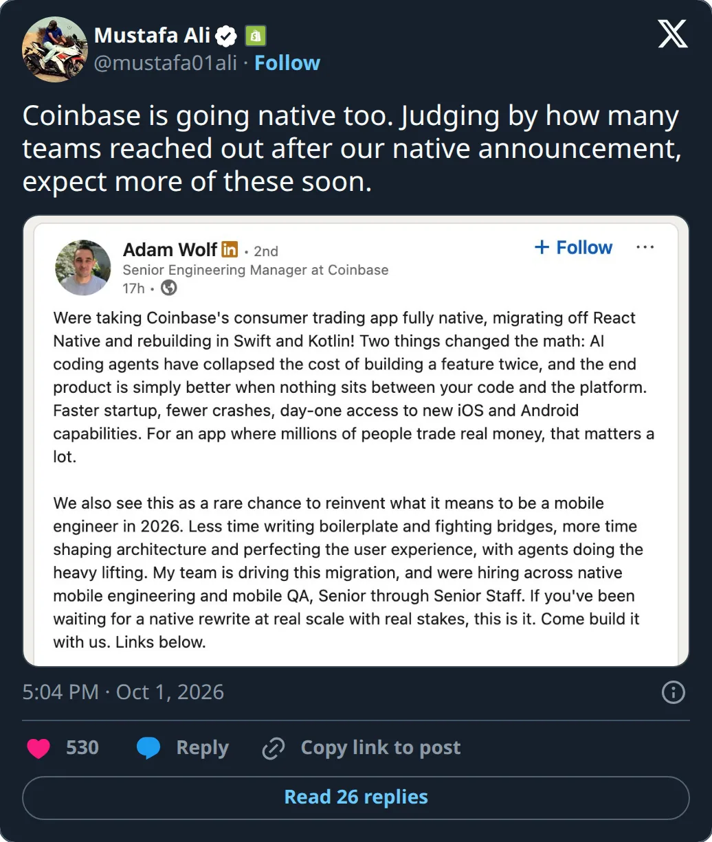 Mustafa Ali (@mustafa01ali), head of mobile at Shopify, posting that Coinbase is going native too, with Coinbase’s announcement attached.